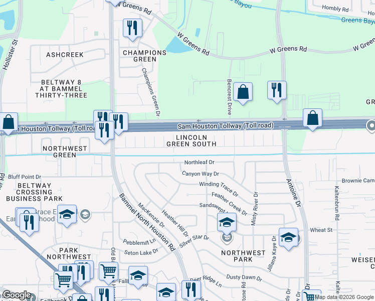 map of restaurants, bars, coffee shops, grocery stores, and more near 7115 Greenyard Drive in Houston