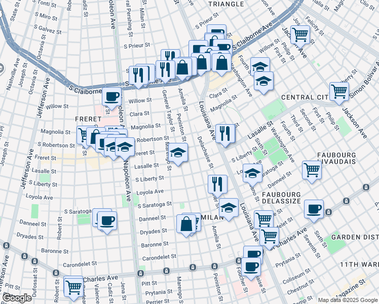 map of restaurants, bars, coffee shops, grocery stores, and more near 2433 Peniston Street in New Orleans