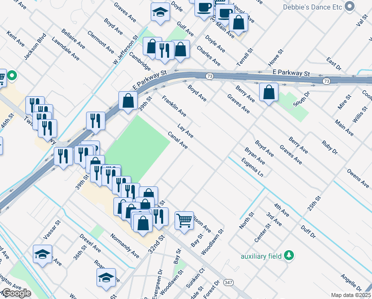 map of restaurants, bars, coffee shops, grocery stores, and more near 3477 Canal Avenue in Groves