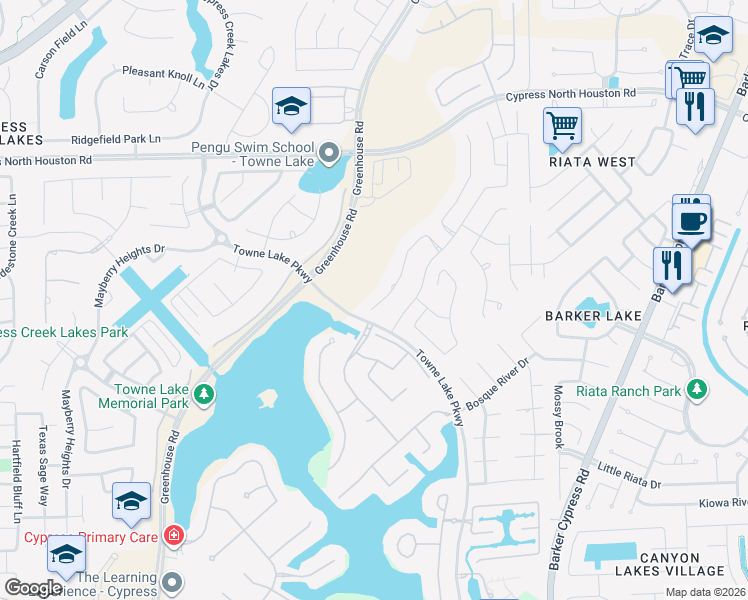 map of restaurants, bars, coffee shops, grocery stores, and more near 18014 Blue Ridge Shores Drive in Harris County