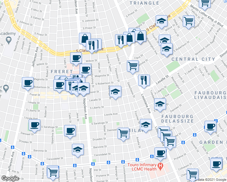 map of restaurants, bars, coffee shops, grocery stores, and more near 3902 Freret Street in New Orleans