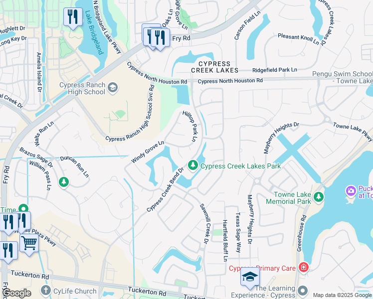 map of restaurants, bars, coffee shops, grocery stores, and more near 10806 Evanfield Court in Cypress