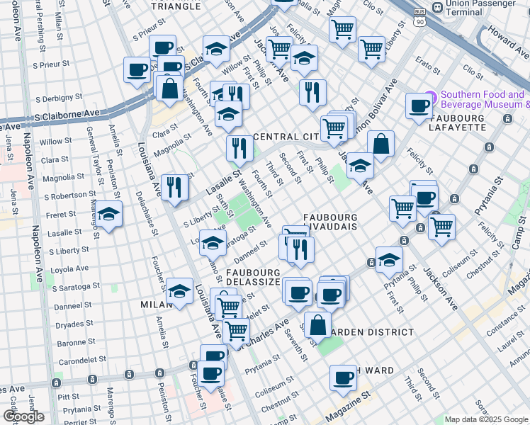 map of restaurants, bars, coffee shops, grocery stores, and more near 2119 Washington Avenue in New Orleans