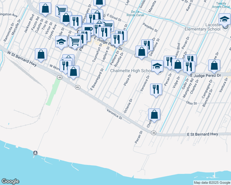 map of restaurants, bars, coffee shops, grocery stores, and more near 2205 Lyndell Drive in Chalmette