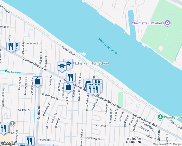 map of restaurants, bars, coffee shops, grocery stores, and more near 1632 River Oaks Drive in New Orleans