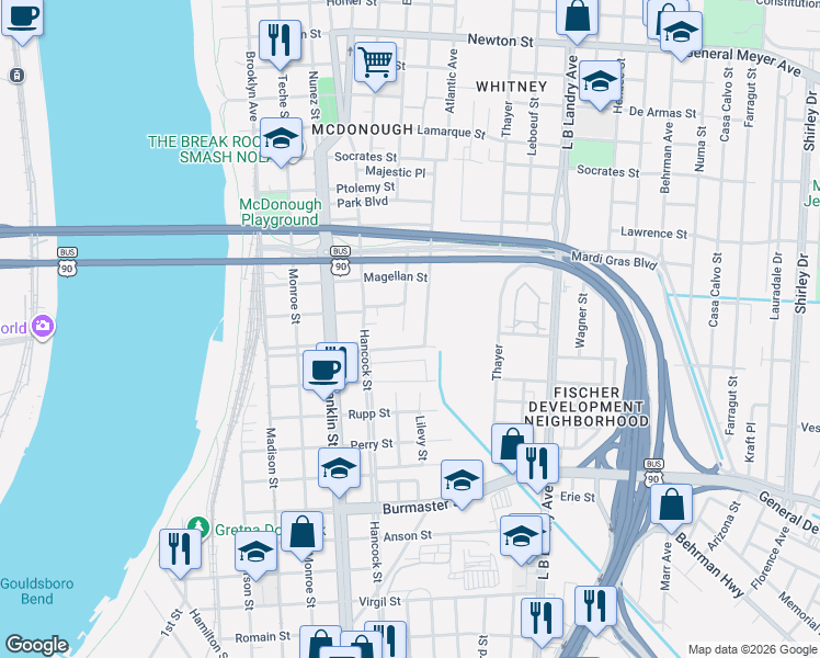 map of restaurants, bars, coffee shops, grocery stores, and more near 2022 Bodenger Boulevard in New Orleans