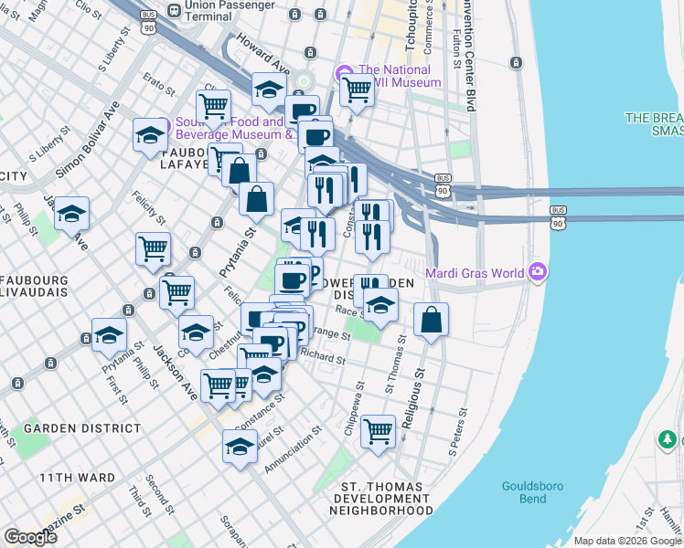 map of restaurants, bars, coffee shops, grocery stores, and more near 931 Euterpe Street in New Orleans