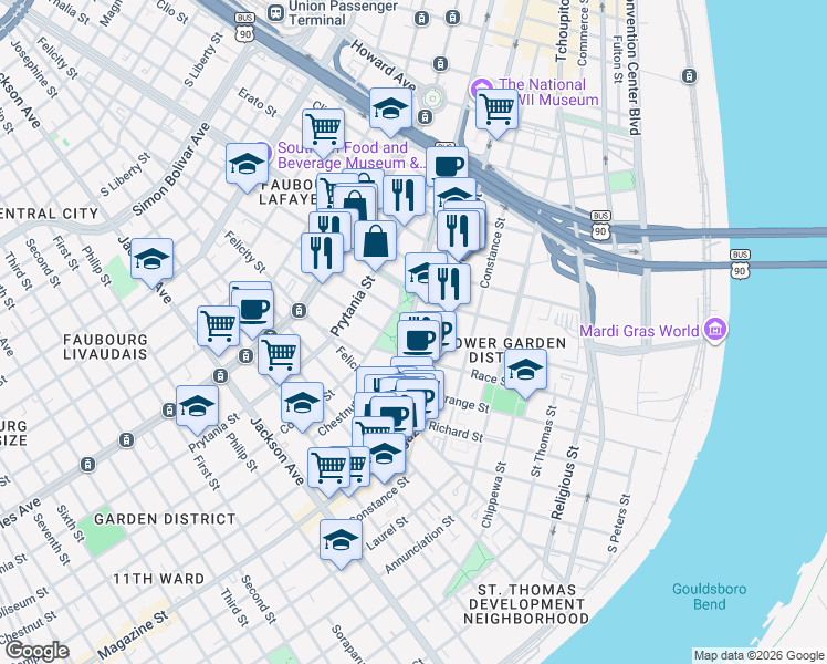 map of restaurants, bars, coffee shops, grocery stores, and more near 1486 Camp Street in New Orleans