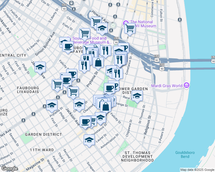 map of restaurants, bars, coffee shops, grocery stores, and more near 1486 Camp Street in New Orleans
