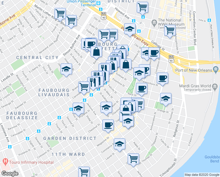 map of restaurants, bars, coffee shops, grocery stores, and more near 1801 Prytania Street in New Orleans