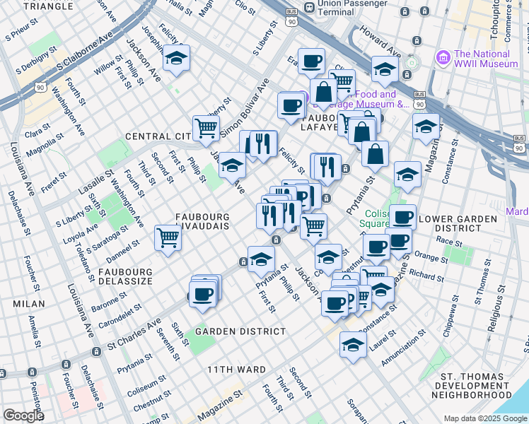 map of restaurants, bars, coffee shops, grocery stores, and more near 2127 Carondelet Street in New Orleans