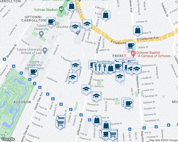map of restaurants, bars, coffee shops, grocery stores, and more near in New Orleans