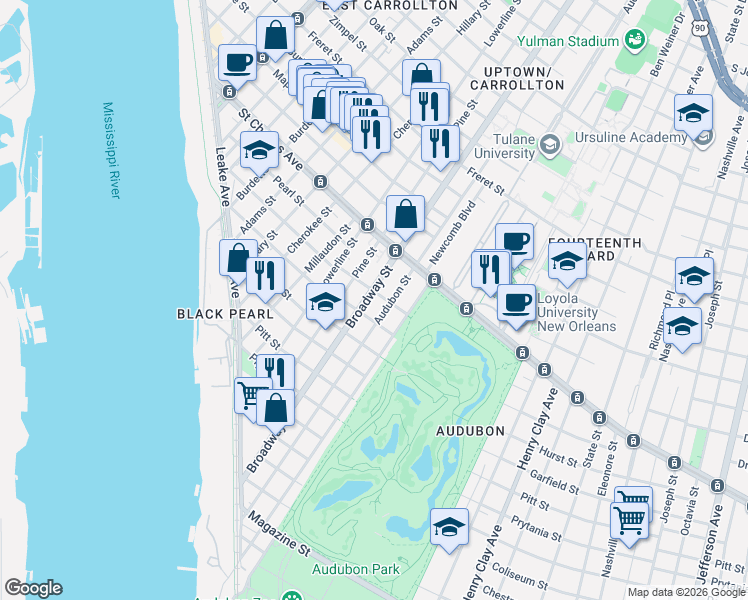 map of restaurants, bars, coffee shops, grocery stores, and more near 7100 Dominican Street in New Orleans