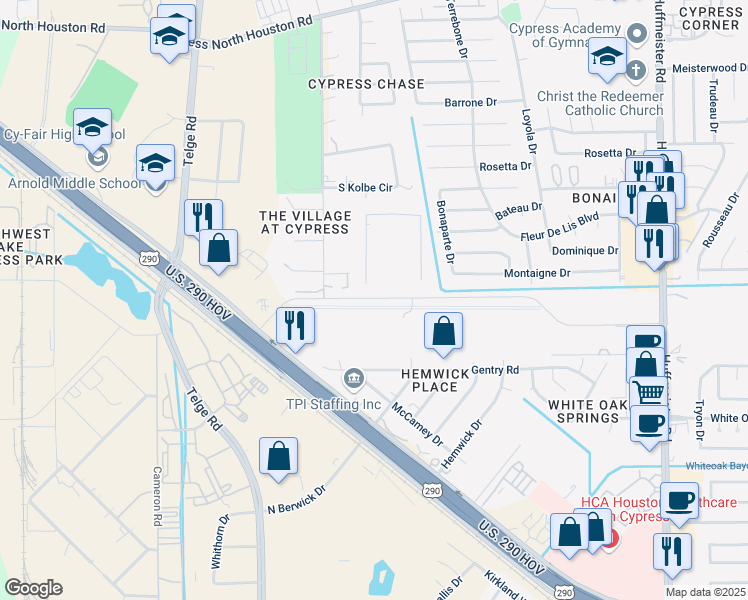 map of restaurants, bars, coffee shops, grocery stores, and more near 14503 South Kolbe Spur Drive in Cypress