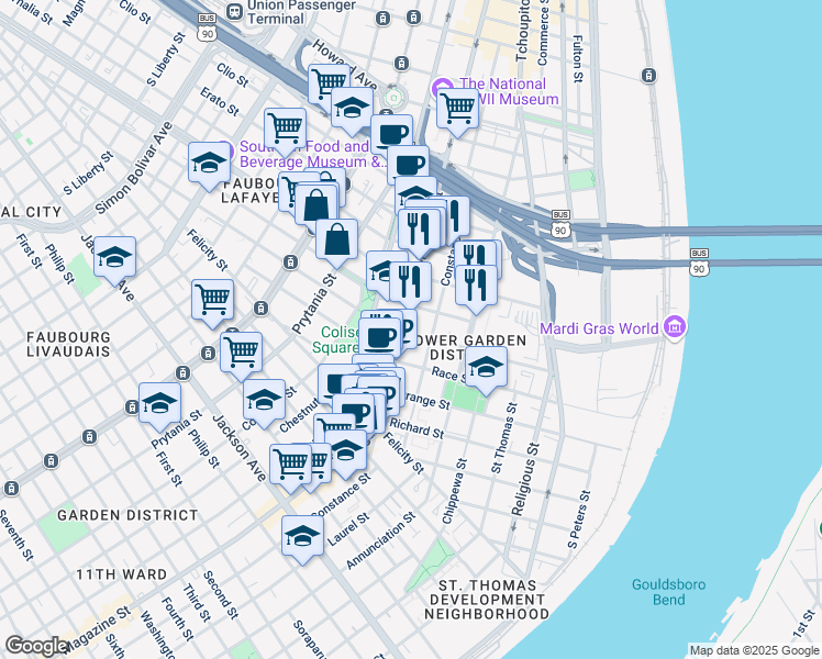 map of restaurants, bars, coffee shops, grocery stores, and more near 1432 Magazine Street in New Orleans