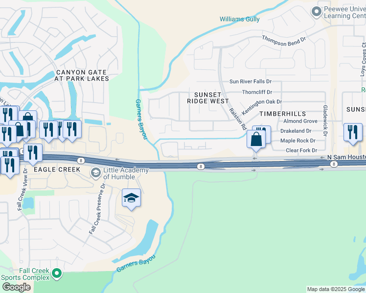 map of restaurants, bars, coffee shops, grocery stores, and more near 10373 North Sam Houston Parkway East in Humble