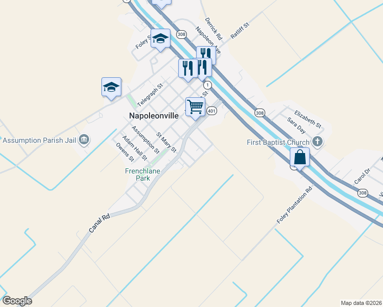 map of restaurants, bars, coffee shops, grocery stores, and more near 101-119 West Avenue in Napoleonville
