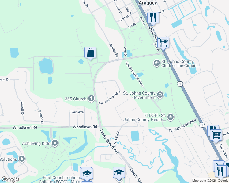 map of restaurants, bars, coffee shops, grocery stores, and more near 460 Horseshoe Road South in St. Augustine