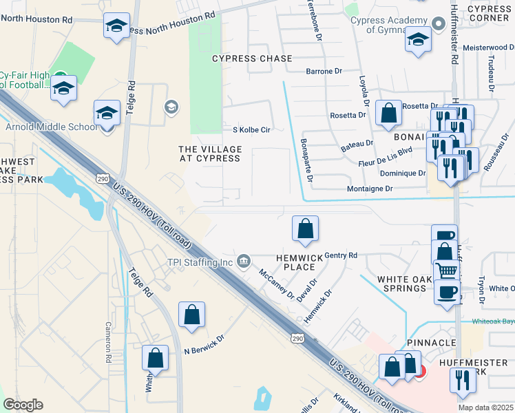 map of restaurants, bars, coffee shops, grocery stores, and more near 14402 Fallbrook Drive in Cypress