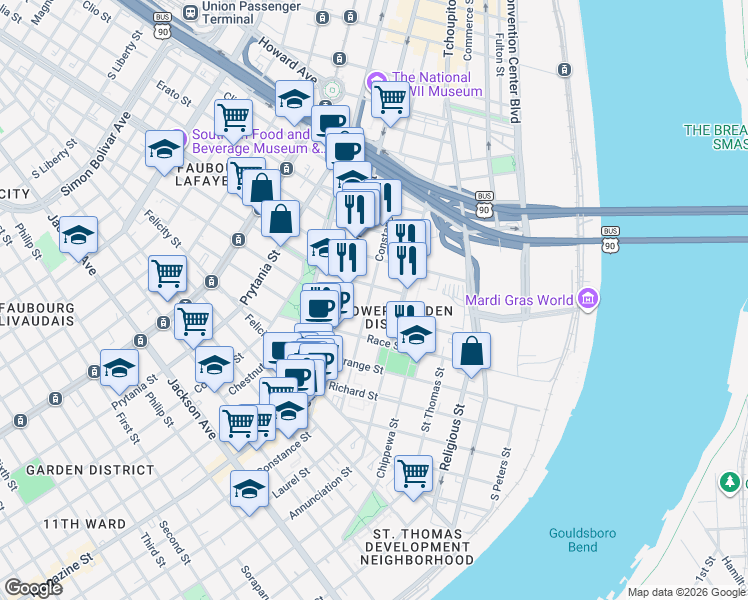map of restaurants, bars, coffee shops, grocery stores, and more near 931 Euterpe Street in New Orleans