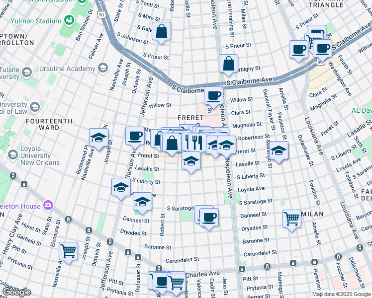map of restaurants, bars, coffee shops, grocery stores, and more near 2522 Valence Street in New Orleans
