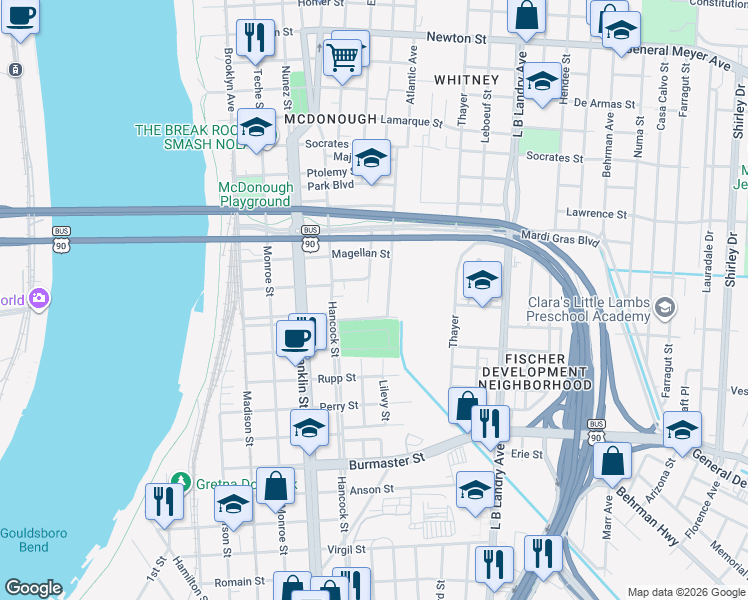 map of restaurants, bars, coffee shops, grocery stores, and more near 2022 Bodenger Boulevard in New Orleans