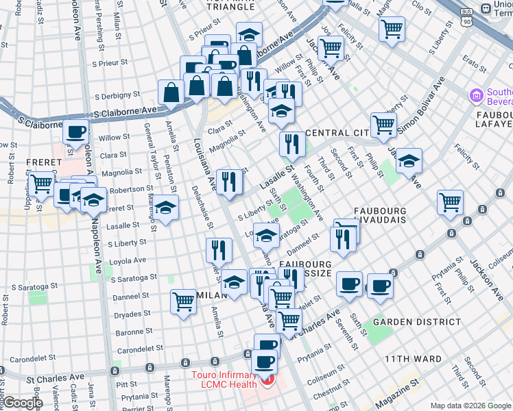 map of restaurants, bars, coffee shops, grocery stores, and more near 2309 Harmony Street in New Orleans