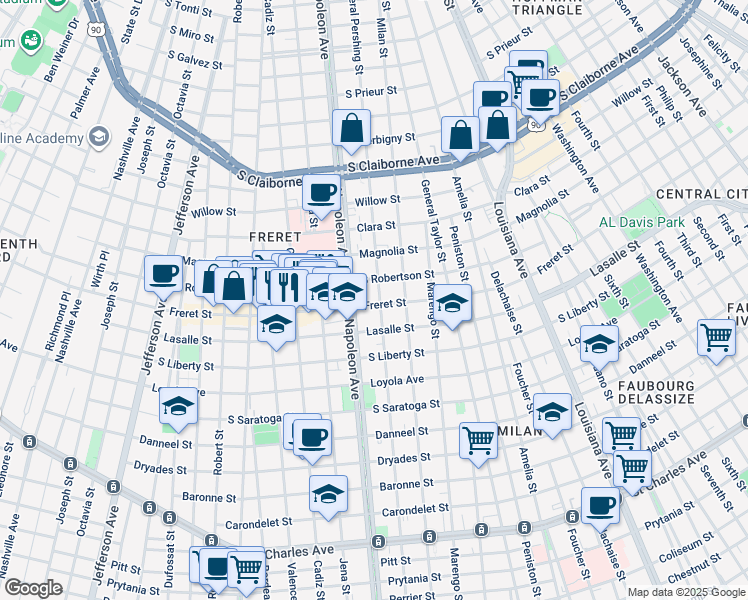 map of restaurants, bars, coffee shops, grocery stores, and more near 2506 General Pershing Street in New Orleans