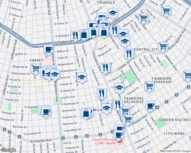 map of restaurants, bars, coffee shops, grocery stores, and more near 2411 Delachaise Street in New Orleans