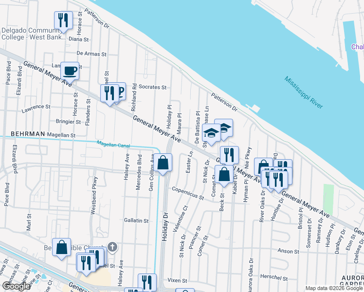 map of restaurants, bars, coffee shops, grocery stores, and more near 4129 General Meyer Avenue in New Orleans