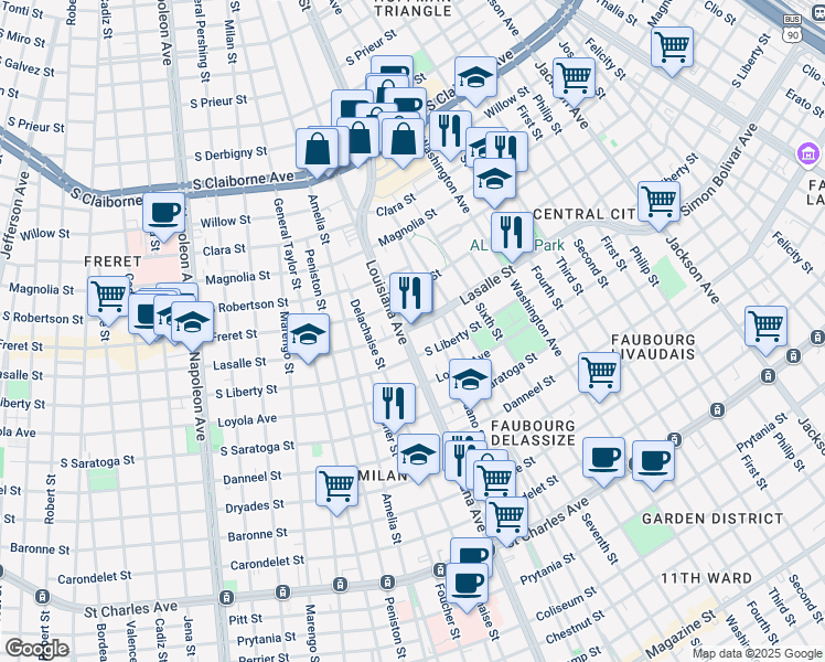 map of restaurants, bars, coffee shops, grocery stores, and more near 3328 Lasalle Street in New Orleans