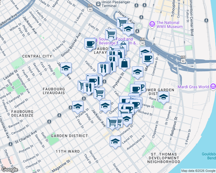 map of restaurants, bars, coffee shops, grocery stores, and more near 1530 Felicity Street in New Orleans