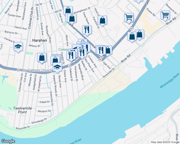 map of restaurants, bars, coffee shops, grocery stores, and more near 6684 Favalora Street in Harahan