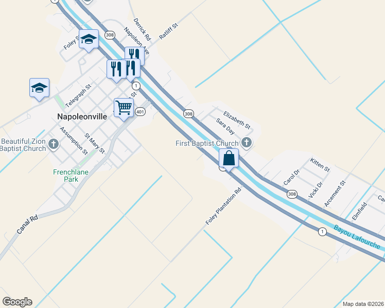 map of restaurants, bars, coffee shops, grocery stores, and more near 4645-4717 Highway 1 in Napoleonville
