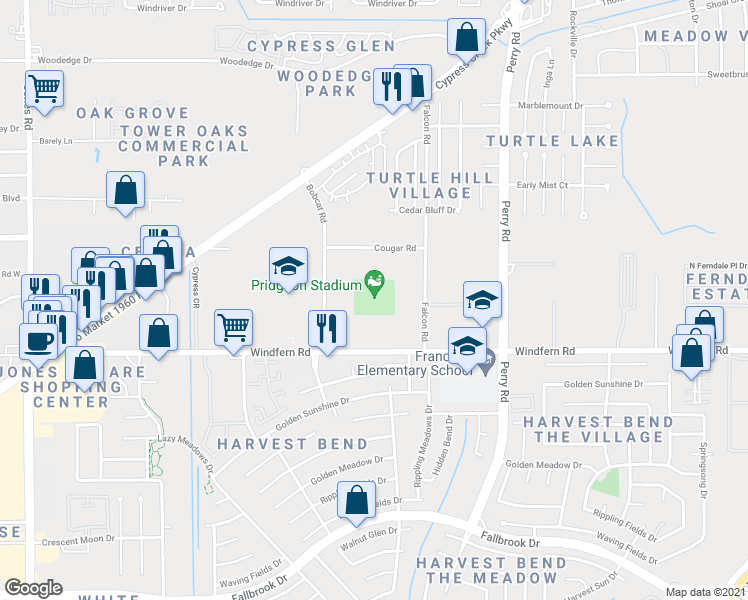 map of restaurants, bars, coffee shops, grocery stores, and more near 12630 Windfern Road in Houston