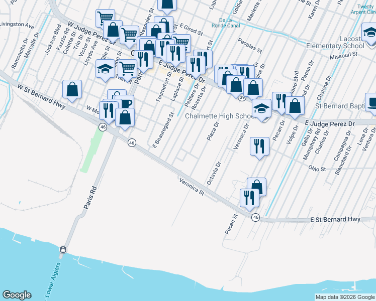 map of restaurants, bars, coffee shops, grocery stores, and more near 2205 Lyndell Drive in Chalmette