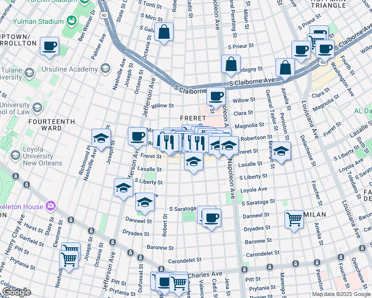 map of restaurants, bars, coffee shops, grocery stores, and more near 2522 Valence Street in New Orleans