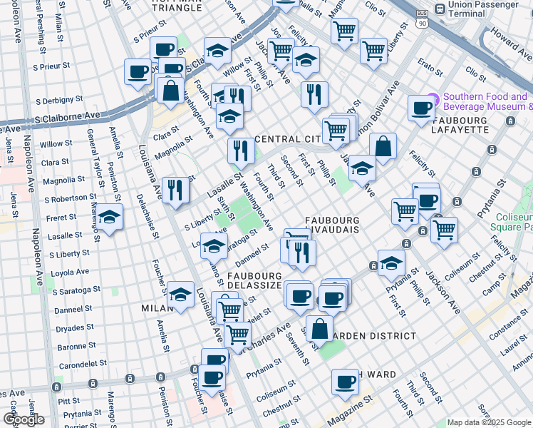 map of restaurants, bars, coffee shops, grocery stores, and more near 2119 Washington Avenue in New Orleans