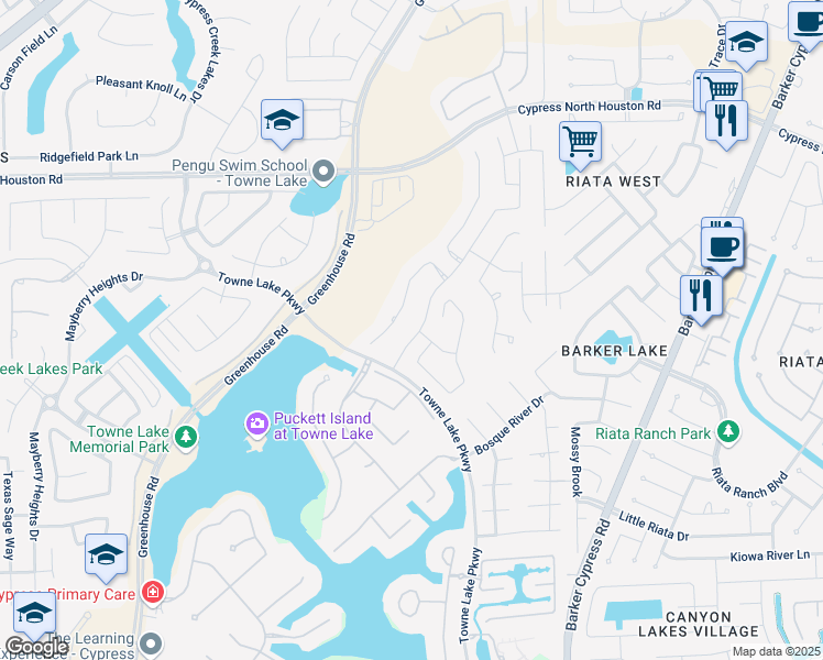 map of restaurants, bars, coffee shops, grocery stores, and more near 18002 Wichita River Way in Harris County