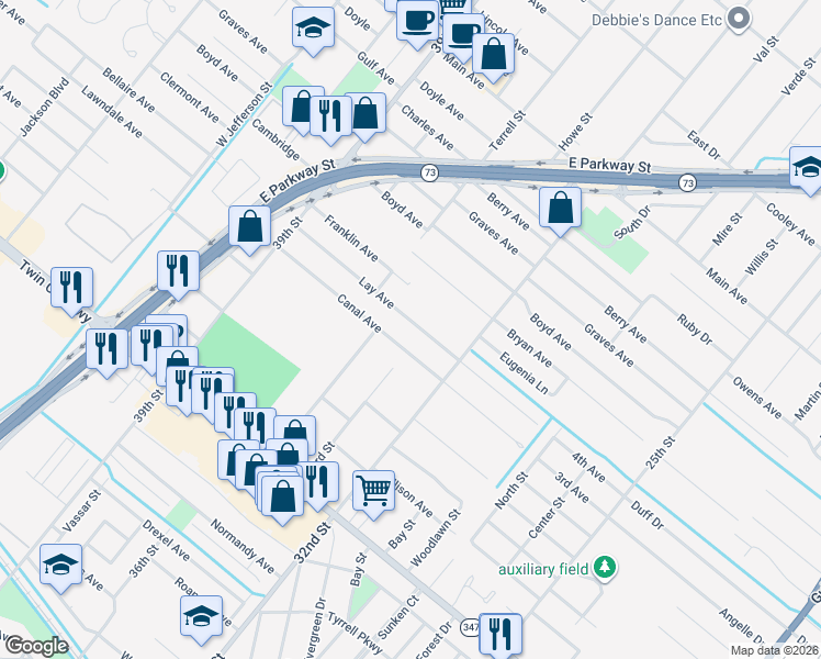 map of restaurants, bars, coffee shops, grocery stores, and more near 3411 Lay Avenue in Groves