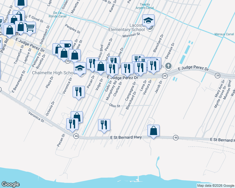 map of restaurants, bars, coffee shops, grocery stores, and more near 2437 Charles Drive in Chalmette