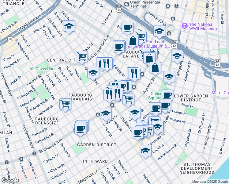 map of restaurants, bars, coffee shops, grocery stores, and more near Carondelet St & Josephine St in New Orleans