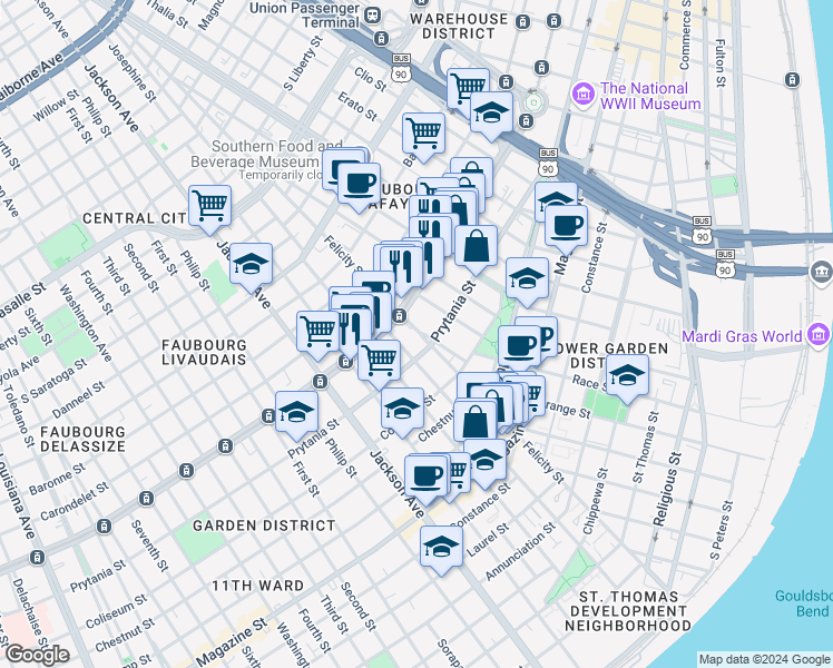 map of restaurants, bars, coffee shops, grocery stores, and more near 1801 Prytania Street in New Orleans