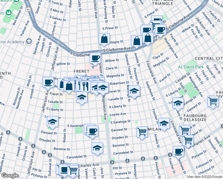 map of restaurants, bars, coffee shops, grocery stores, and more near 2506 General Pershing Street in New Orleans