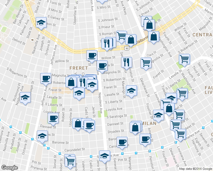 map of restaurants, bars, coffee shops, grocery stores, and more near 2506 General Pershing Street in New Orleans