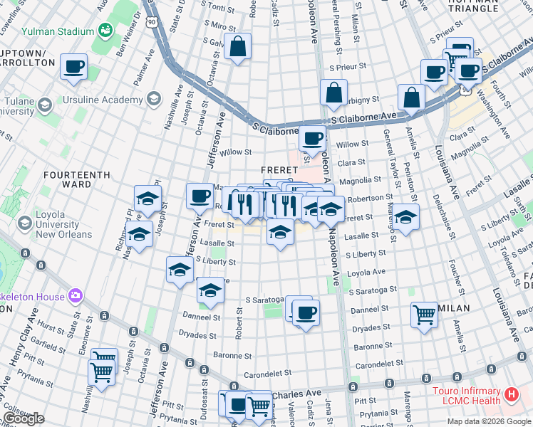 map of restaurants, bars, coffee shops, grocery stores, and more near 2522 Valence Street in New Orleans