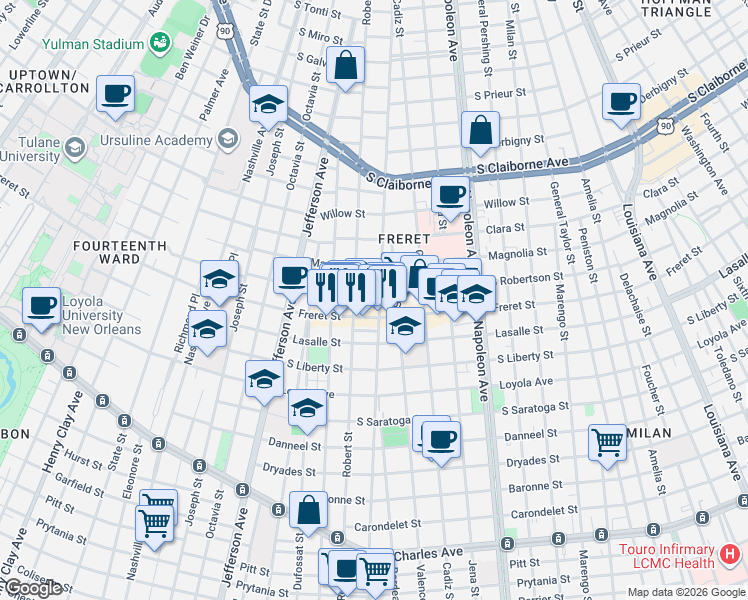 map of restaurants, bars, coffee shops, grocery stores, and more near 5001 Freret Street in New Orleans