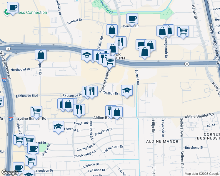 map of restaurants, bars, coffee shops, grocery stores, and more near 16250 Imperial Valley Drive in Houston