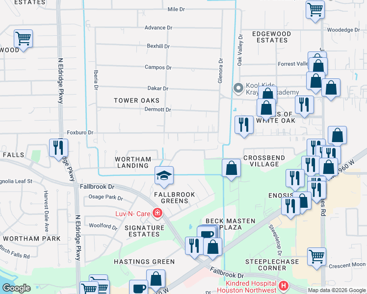 map of restaurants, bars, coffee shops, grocery stores, and more near 11626 Berkway Trail in Houston