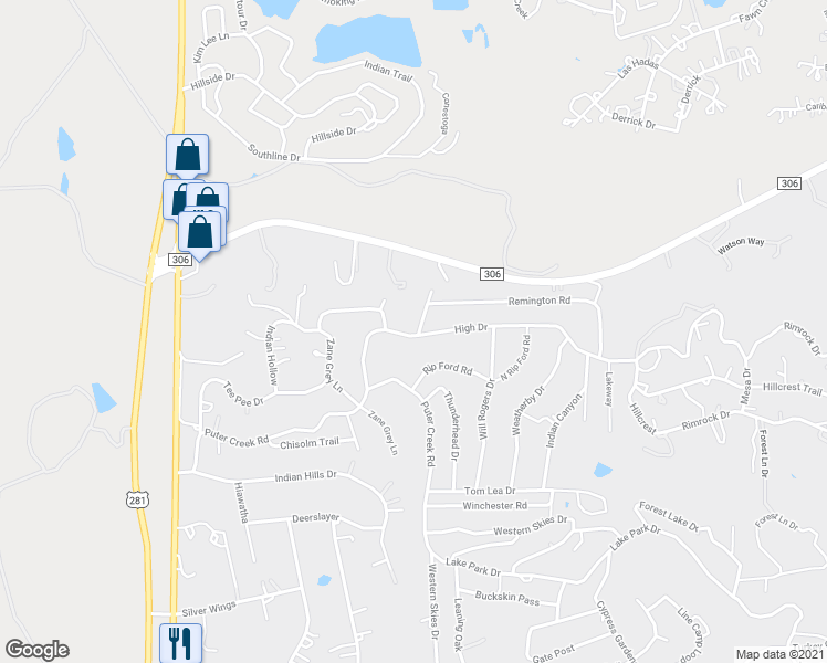 map of restaurants, bars, coffee shops, grocery stores, and more near 361 High Drive in Spring Branch